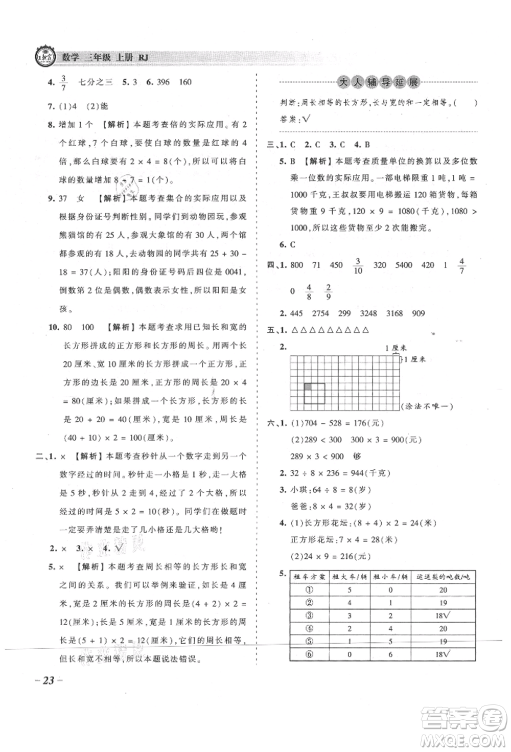 江西人民出版社2021王朝霞考點梳理時習卷三年級上冊數(shù)學人教版參考答案