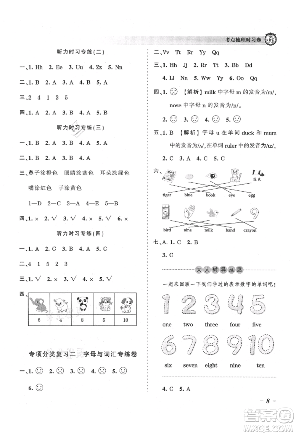 江西人民出版社2021王朝霞考點(diǎn)梳理時(shí)習(xí)卷三年級(jí)上冊(cè)英語(yǔ)人教版參考答案
