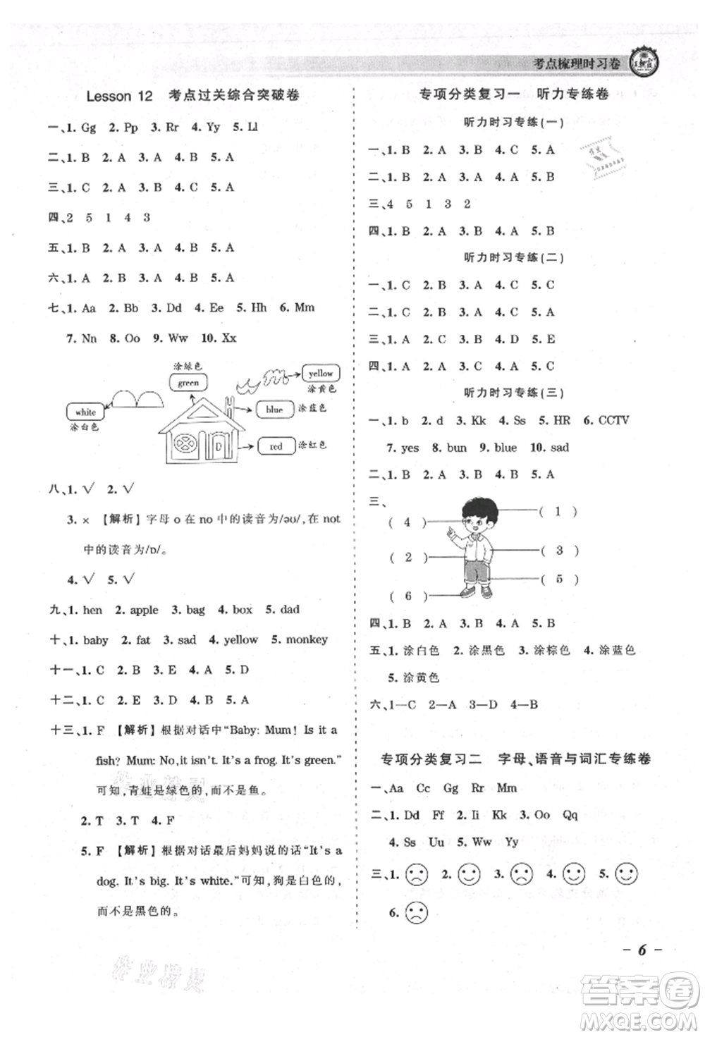 江西人民出版社2021王朝霞考點(diǎn)梳理時(shí)習(xí)卷三年級(jí)上冊(cè)英語科普版參考答案