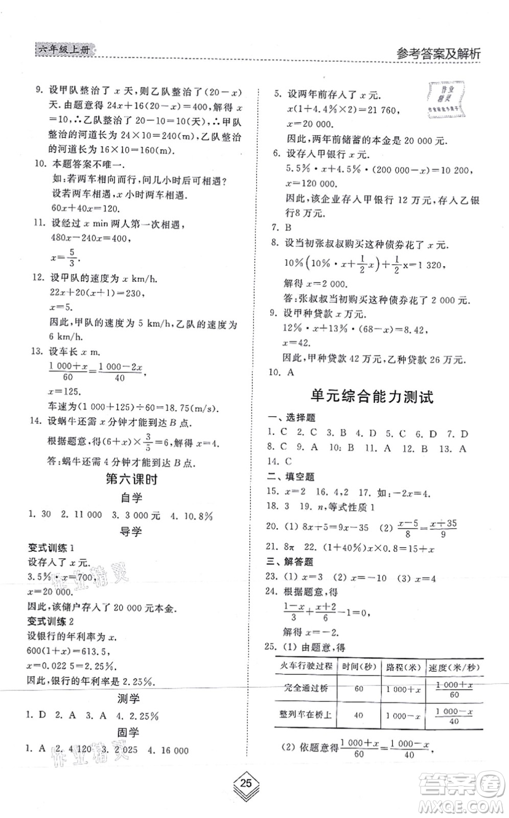 山東人民出版社2021綜合能力訓(xùn)練六年級數(shù)學(xué)上冊五四制魯教版答案