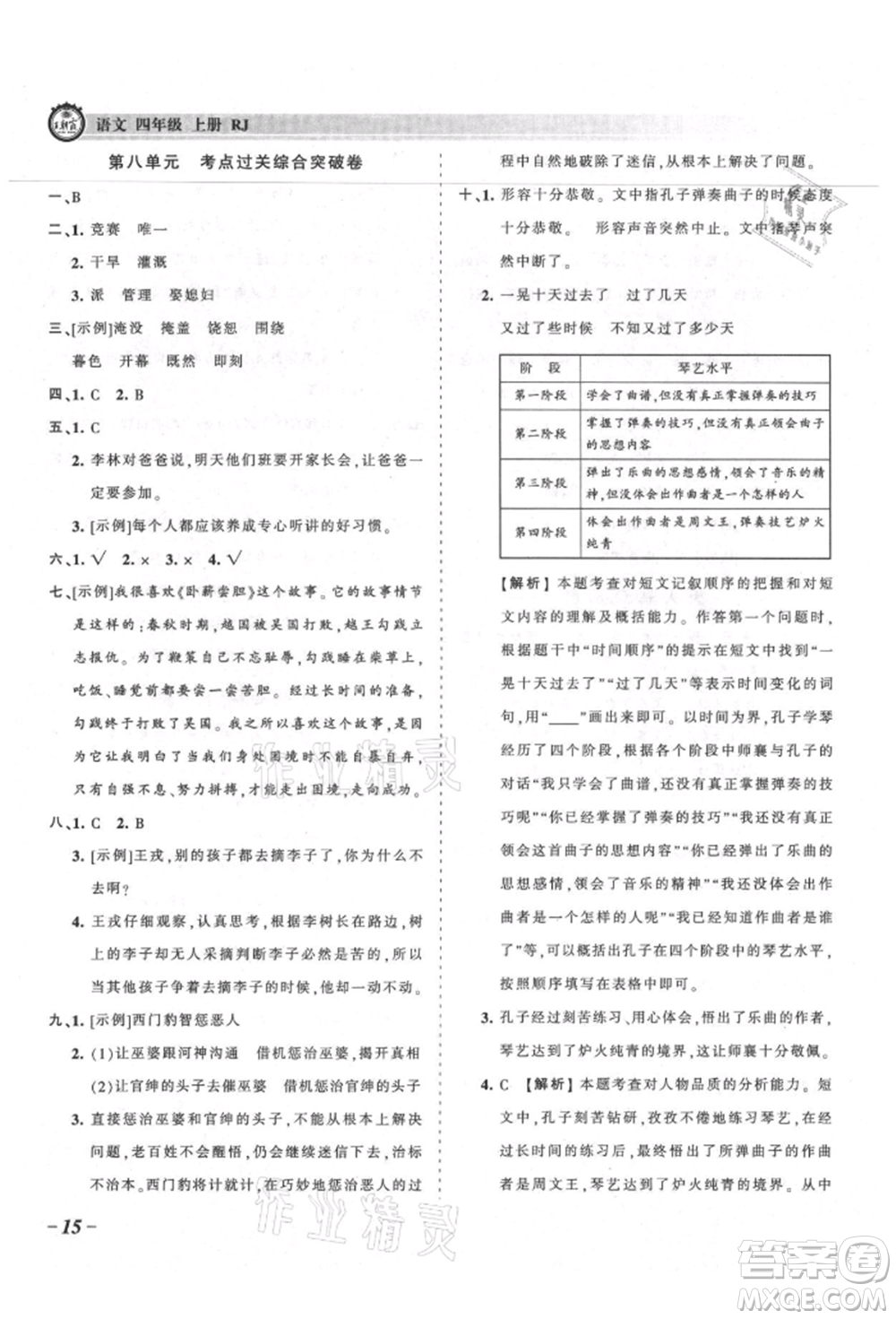 江西人民出版社2021王朝霞考點梳理時習卷四年級上冊語文人教版參考答案