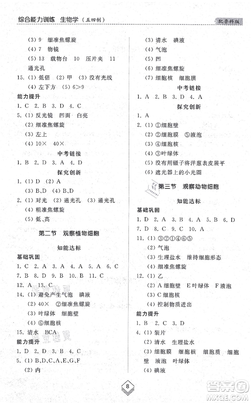 山東人民出版社2021綜合能力訓(xùn)練六年級(jí)生物上冊(cè)五四制魯科版答案