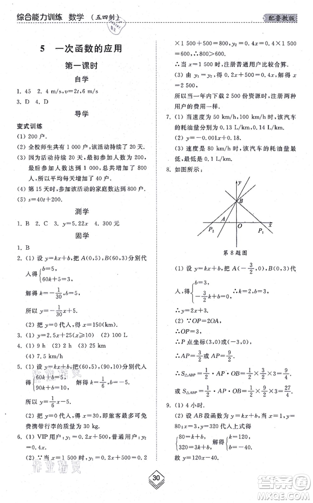 山東人民出版社2021綜合能力訓(xùn)練七年級數(shù)學(xué)上冊五四制魯教版答案