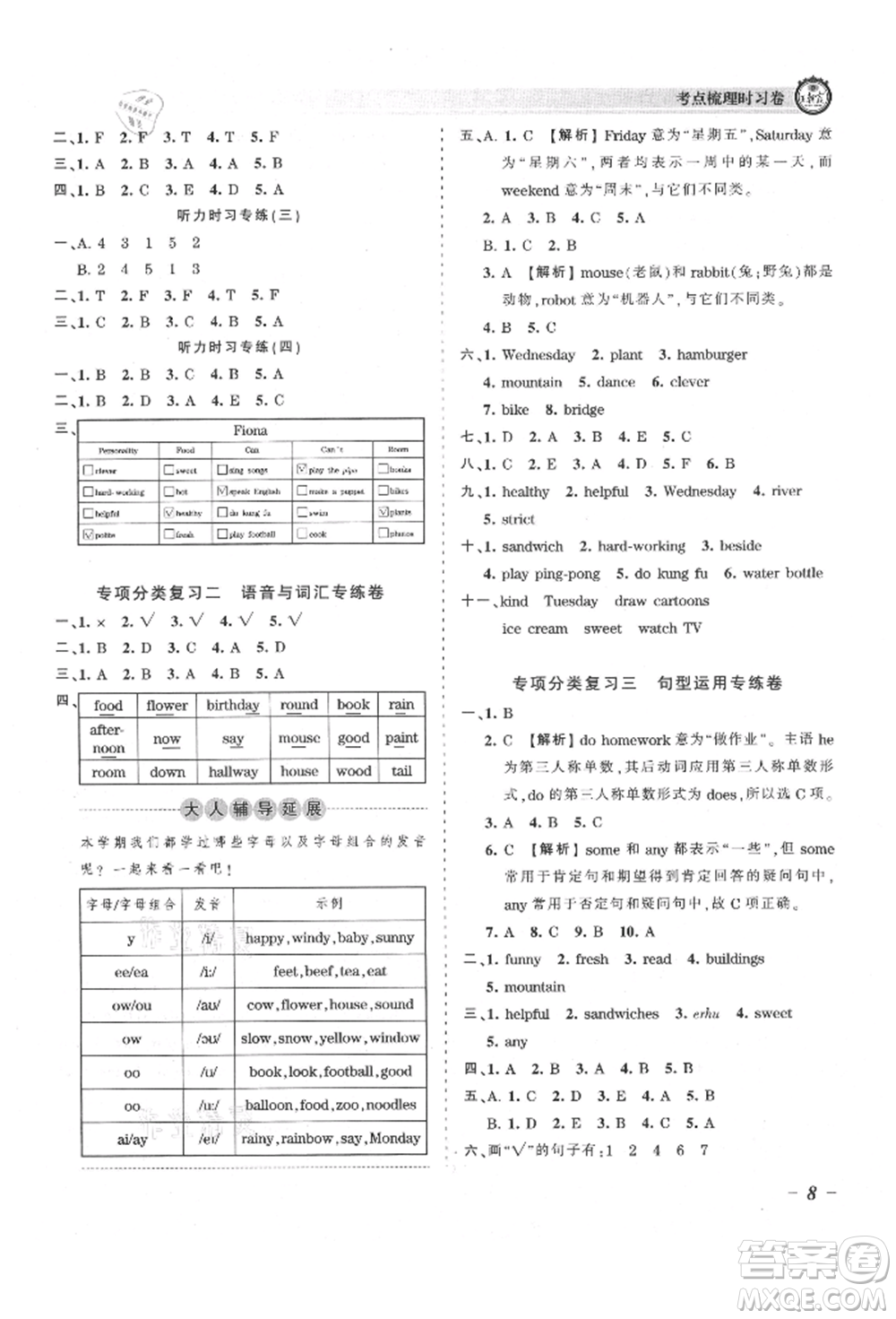 江西人民出版社2021王朝霞考點(diǎn)梳理時(shí)習(xí)卷五年級(jí)上冊(cè)英語(yǔ)人教版參考答案