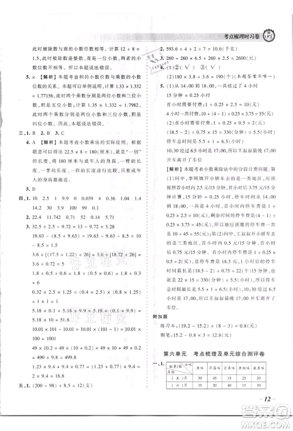 江西人民出版社2021王朝霞考點梳理時習卷五年級上冊數(shù)學蘇教版參考答案