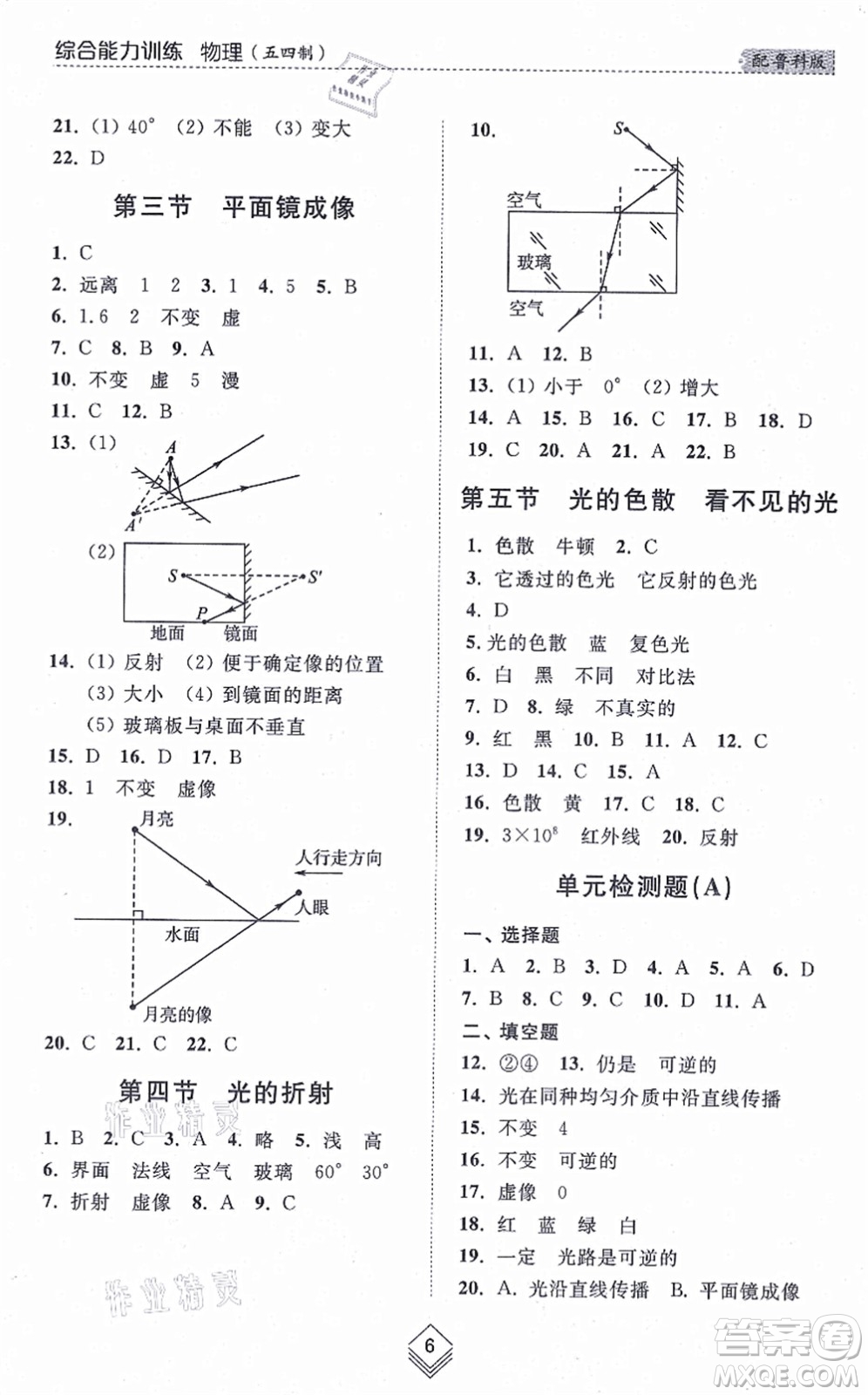 山東人民出版社2021綜合能力訓(xùn)練八年級物理上冊五四制魯科版答案