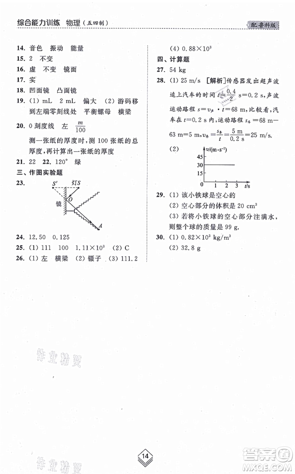 山東人民出版社2021綜合能力訓(xùn)練八年級物理上冊五四制魯科版答案