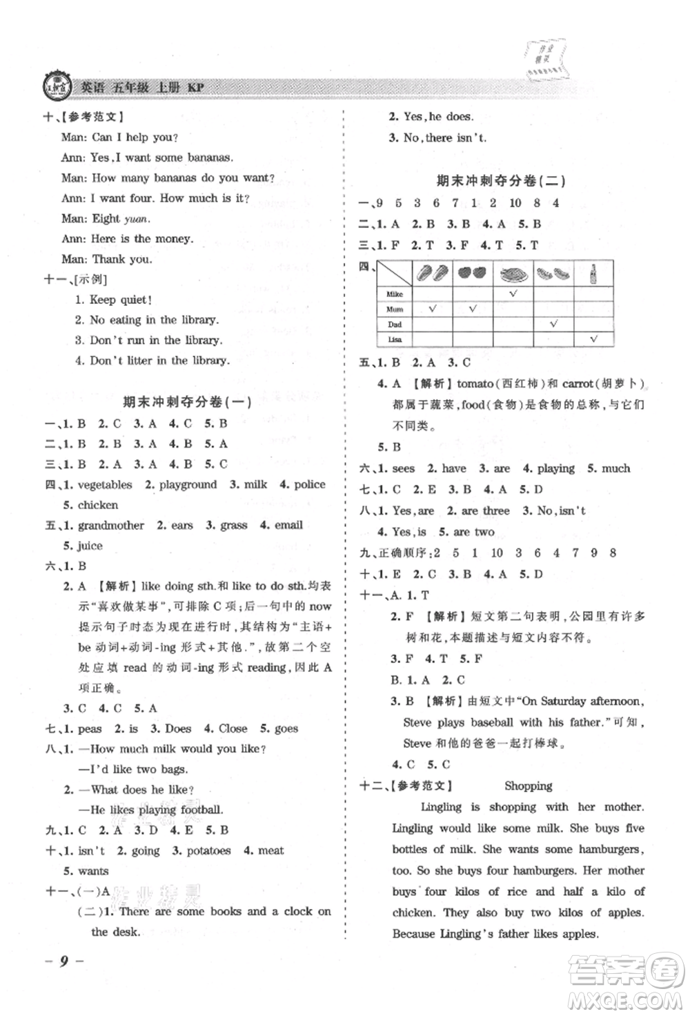 江西人民出版社2021王朝霞考點(diǎn)梳理時(shí)習(xí)卷五年級(jí)上冊(cè)英語科普版參考答案