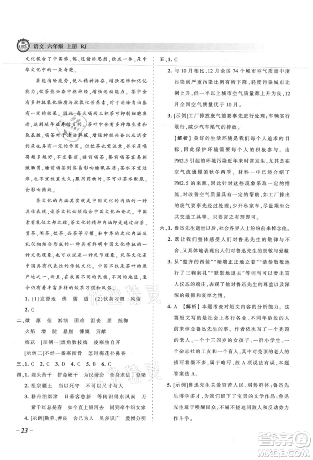 江西人民出版社2021王朝霞考點(diǎn)梳理時(shí)習(xí)卷六年級(jí)上冊(cè)語(yǔ)文人教版參考答案