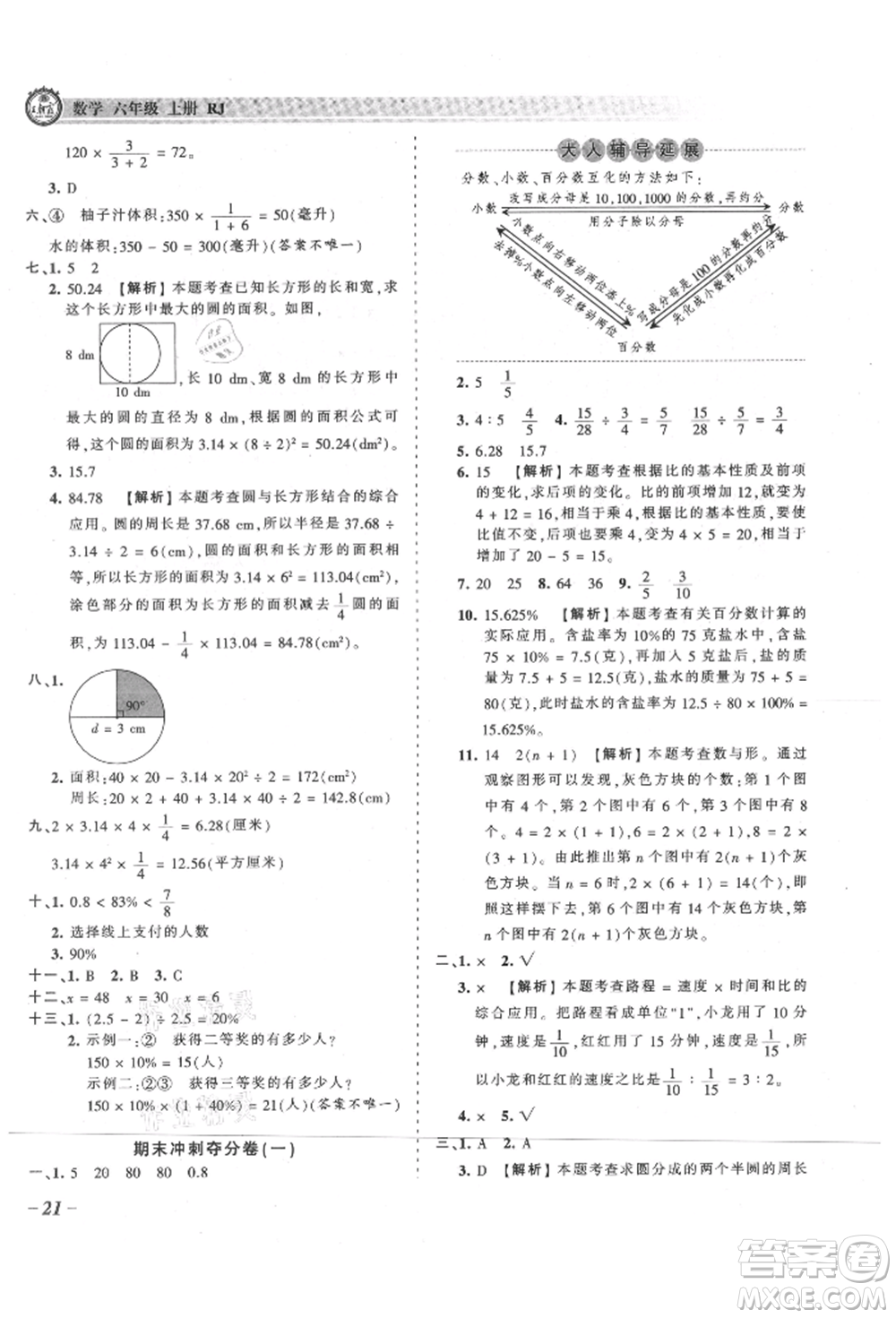 江西人民出版社2021王朝霞考點(diǎn)梳理時(shí)習(xí)卷六年級上冊數(shù)學(xué)人教版參考答案