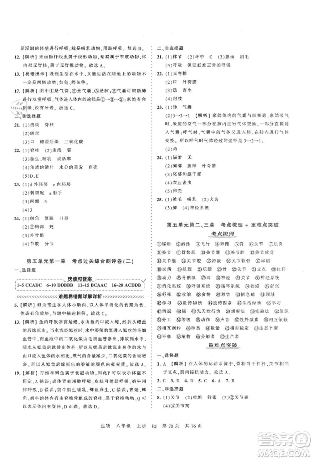 江西人民出版社2021王朝霞考點梳理時習卷八年級上冊生物人教版參考答案