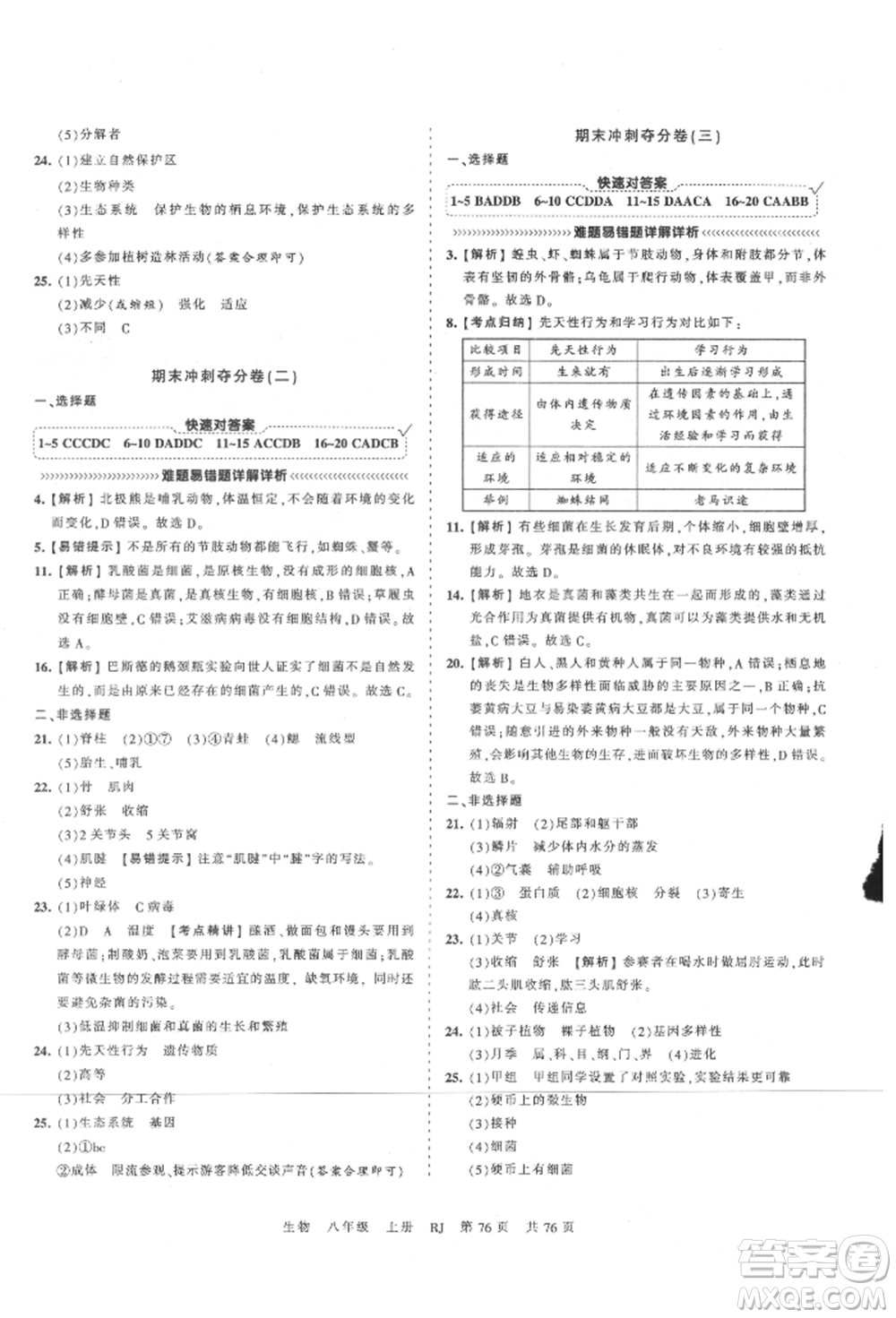 江西人民出版社2021王朝霞考點梳理時習卷八年級上冊生物人教版參考答案