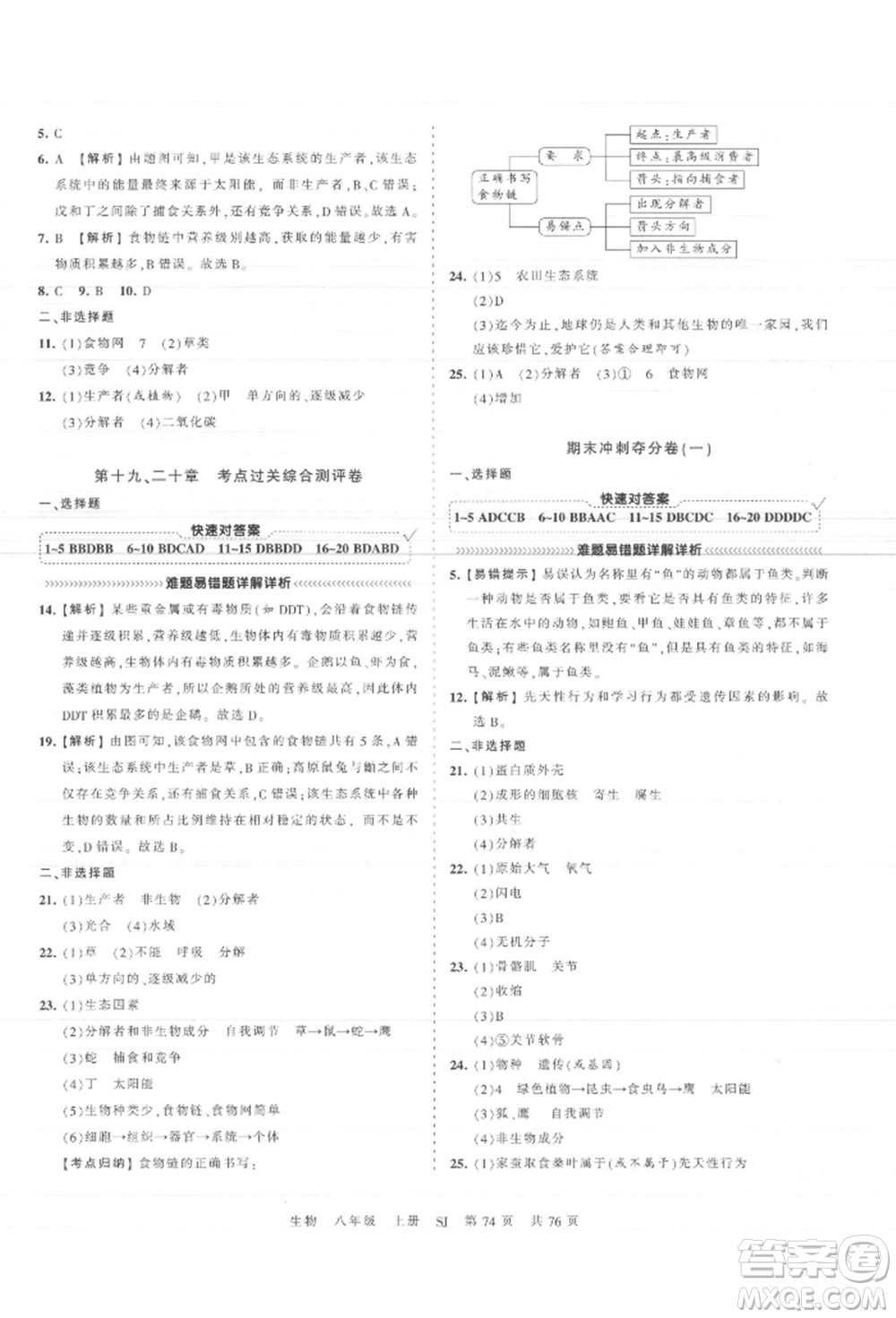 江西人民出版社2021王朝霞考點(diǎn)梳理時習(xí)卷八年級上冊生物蘇教版參考答案
