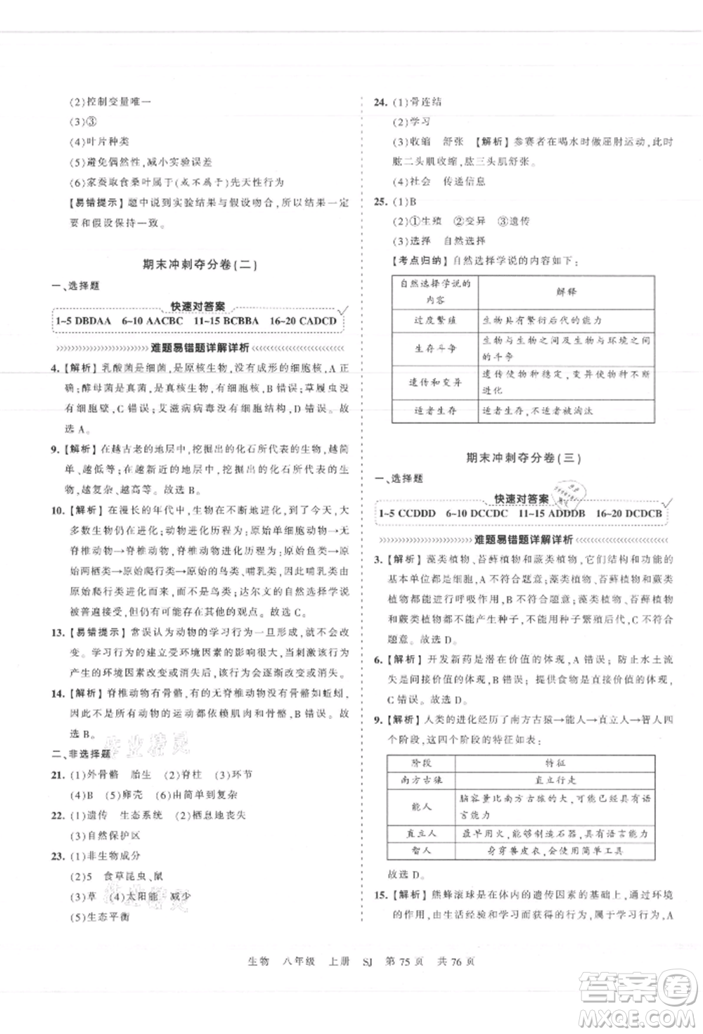 江西人民出版社2021王朝霞考點(diǎn)梳理時習(xí)卷八年級上冊生物蘇教版參考答案