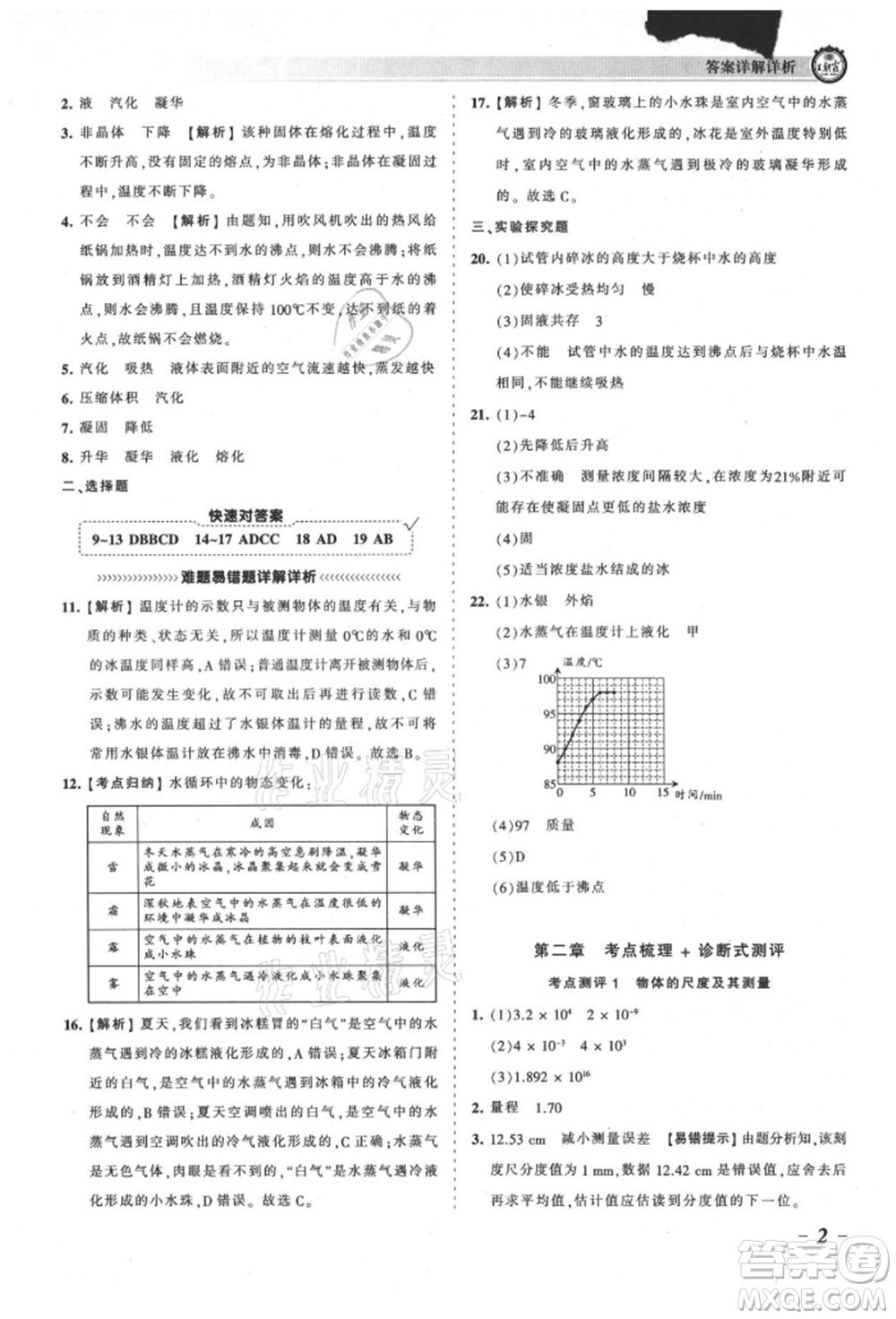 江西人民出版社2021王朝霞考點梳理時習(xí)卷八年級上冊物理北師大版參考答案
