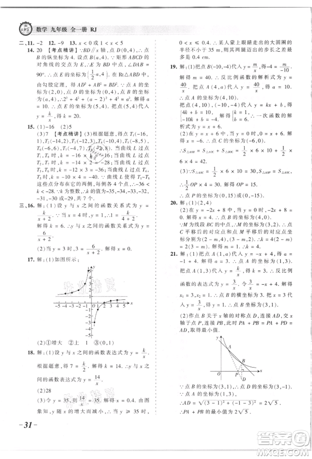 江西人民出版社2021王朝霞考點(diǎn)梳理時習(xí)卷九年級數(shù)學(xué)人教版參考答案