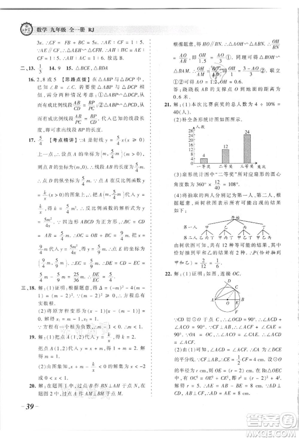 江西人民出版社2021王朝霞考點(diǎn)梳理時習(xí)卷九年級數(shù)學(xué)人教版參考答案