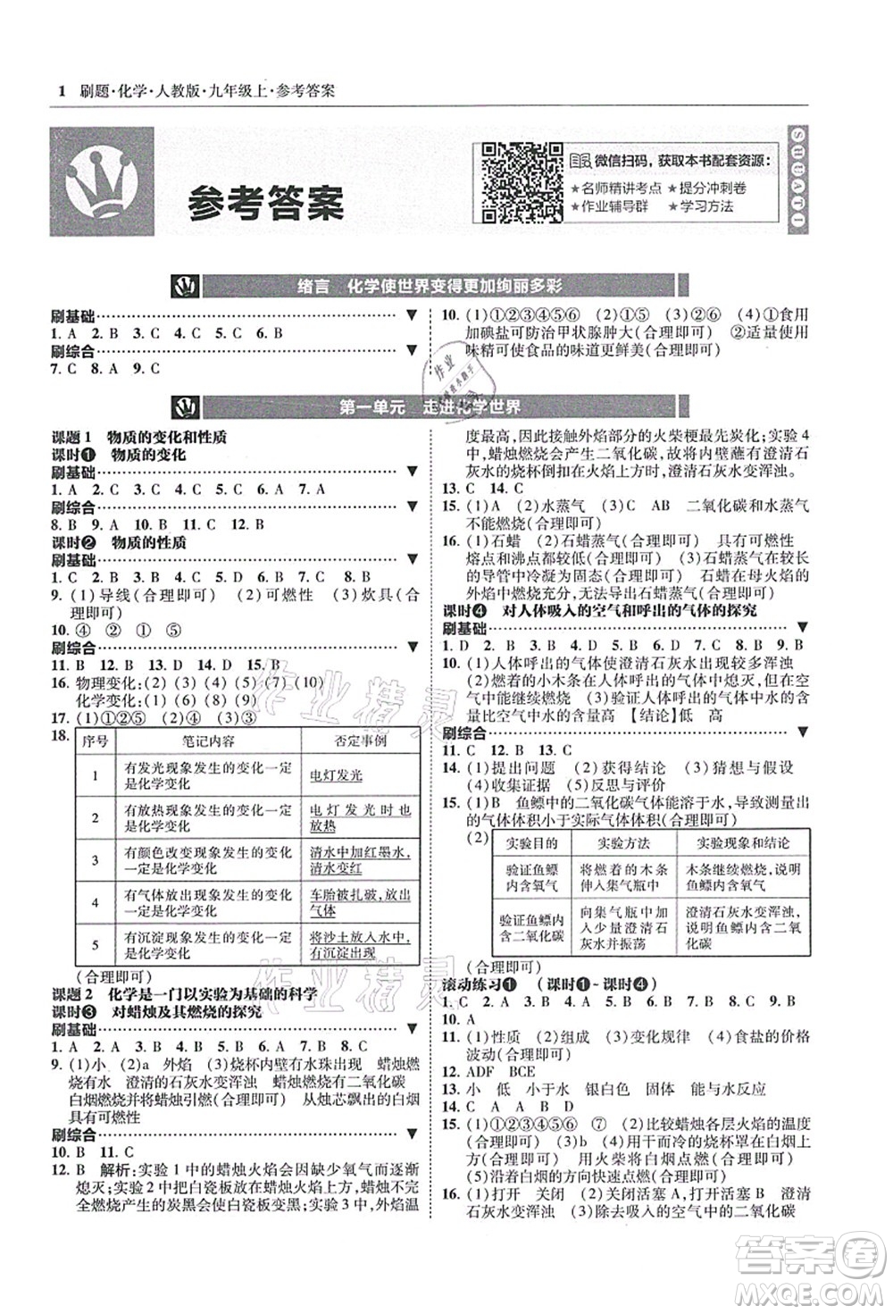 東北師范大學出版社2021北大綠卡刷題九年級化學上冊人教版答案