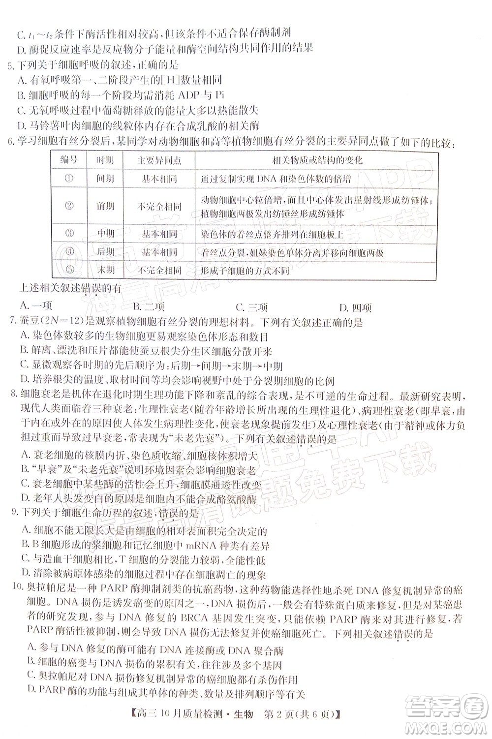 2022屆九師聯(lián)盟高三10月質(zhì)量檢測(cè)生物試題及答案