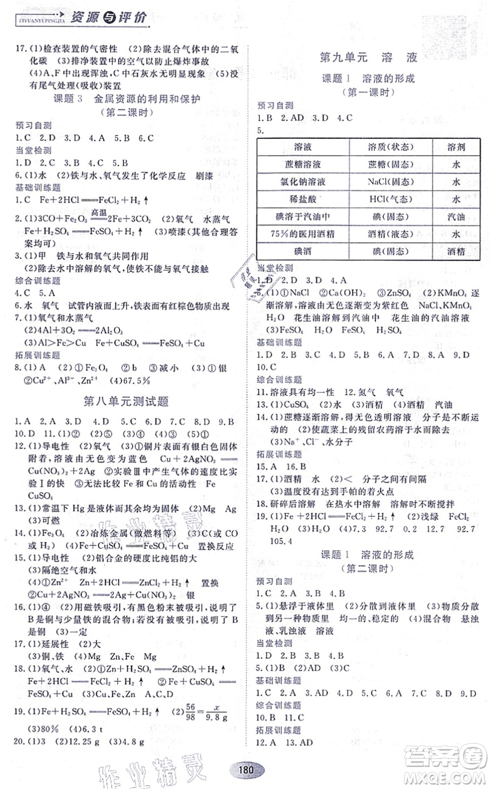黑龍江教育出版社2021資源與評價九年級化學(xué)上冊人教版答案