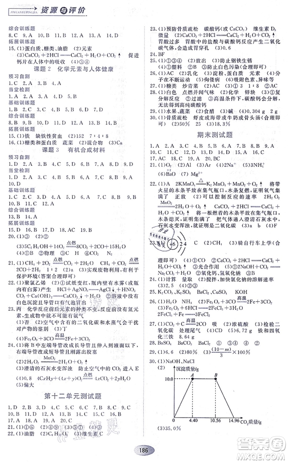 黑龍江教育出版社2021資源與評價九年級化學(xué)上冊人教版答案