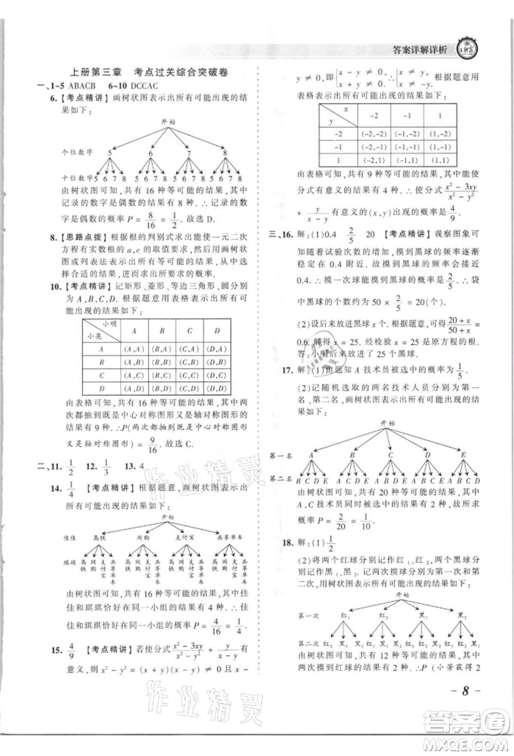 江西人民出版社2021王朝霞考點梳理時習(xí)卷九年級數(shù)學(xué)北師大版參考答案