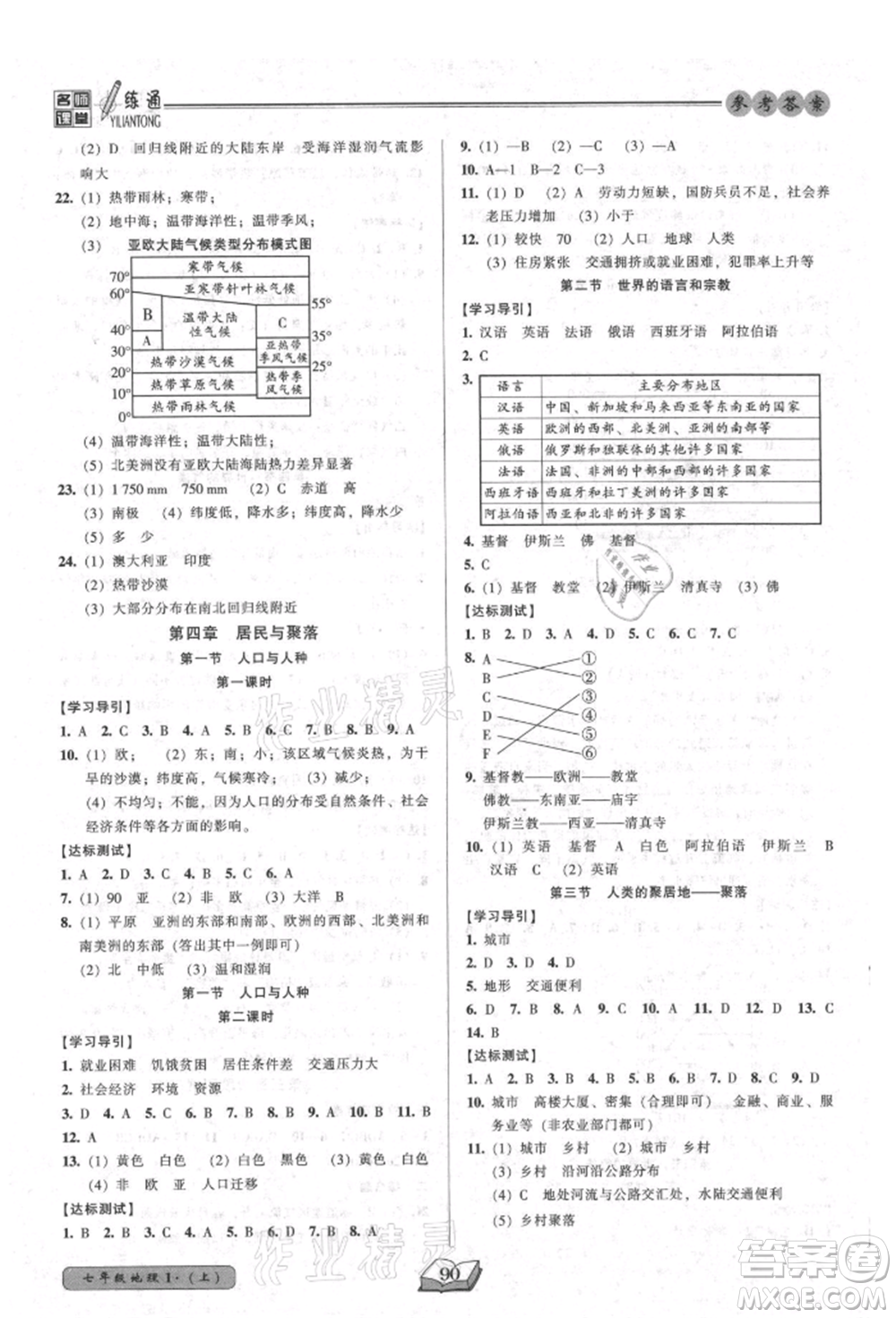 黑龍江美術(shù)出版社2021名師課堂一練通七年級(jí)上冊(cè)地理人教版參考答案
