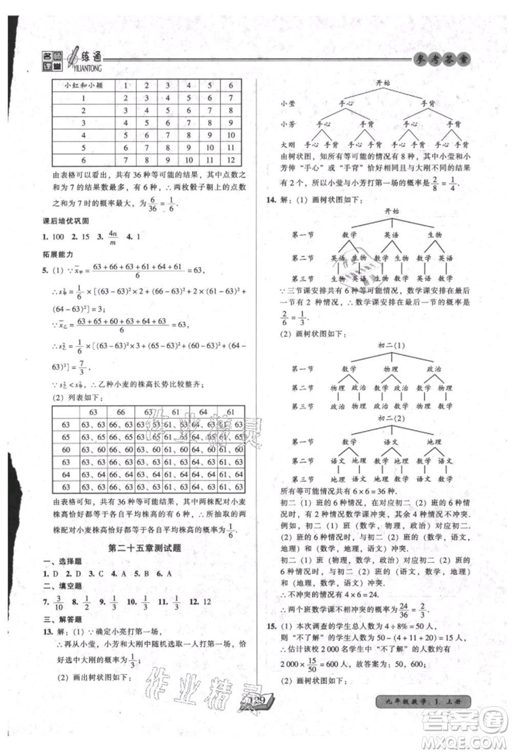 黑龍江美術(shù)出版社2021名師課堂一練通九年級上冊數(shù)學(xué)人教版參考答案