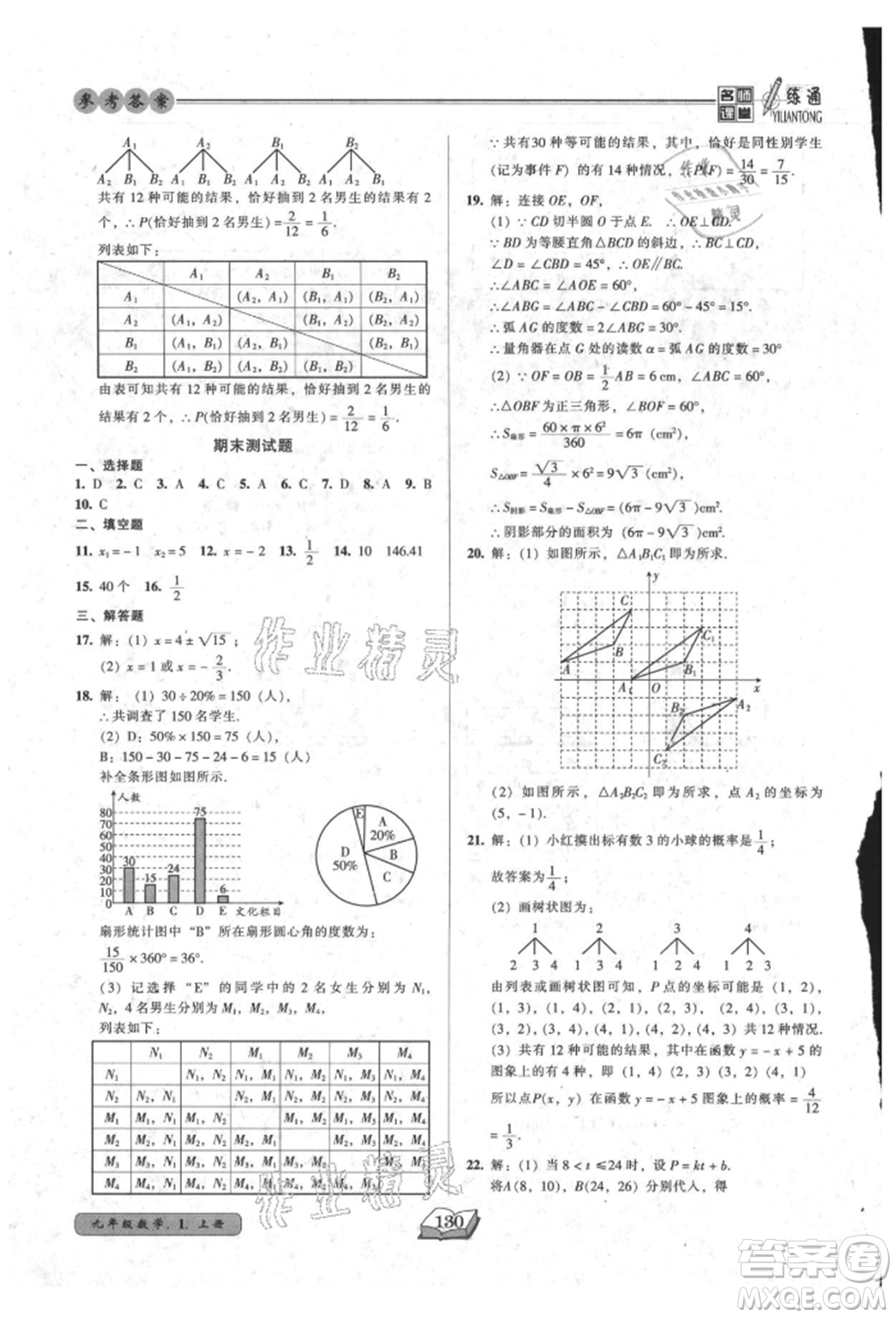 黑龍江美術(shù)出版社2021名師課堂一練通九年級上冊數(shù)學(xué)人教版參考答案