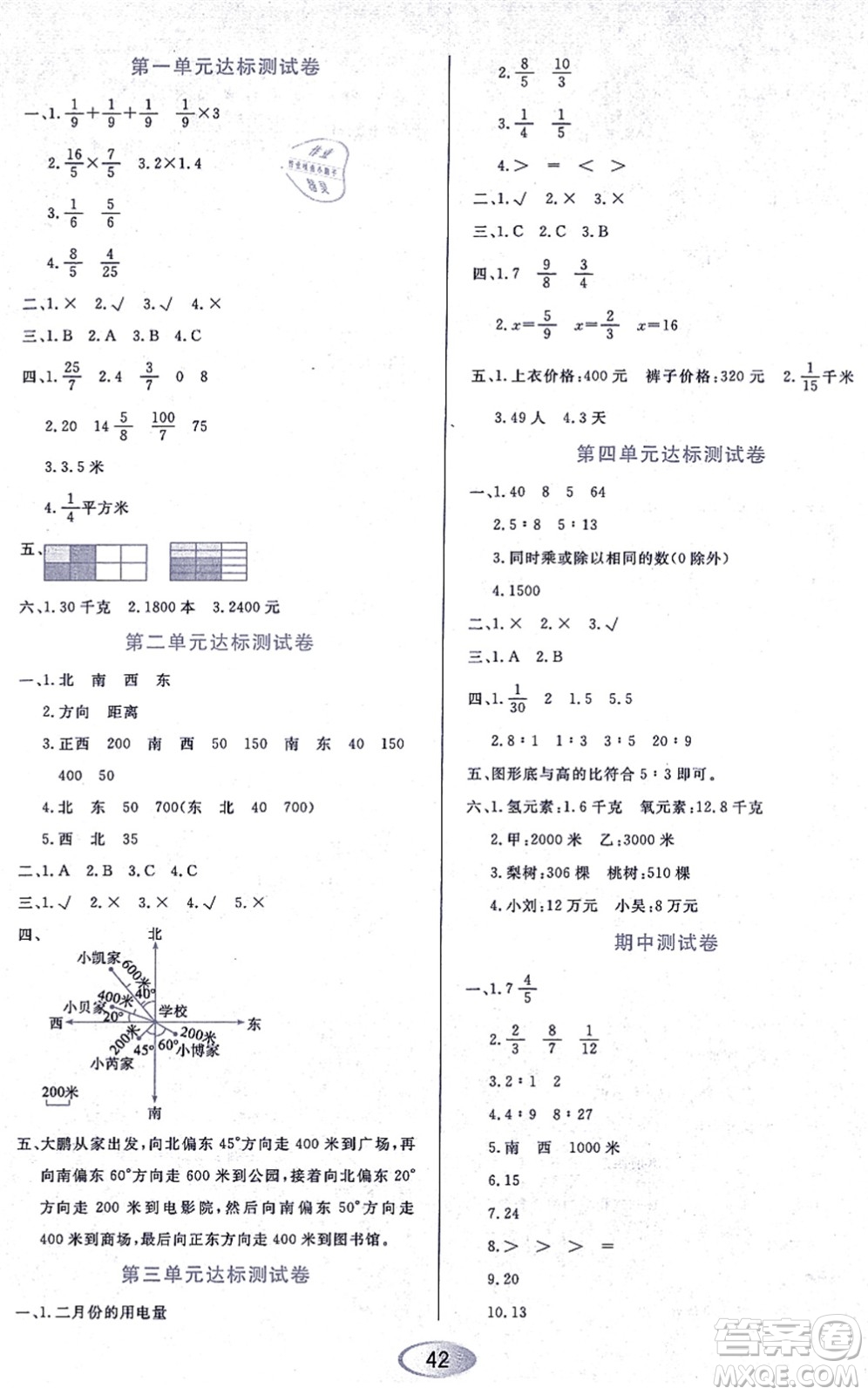 黑龍江教育出版社2021資源與評價六年級數(shù)學上冊人教版答案