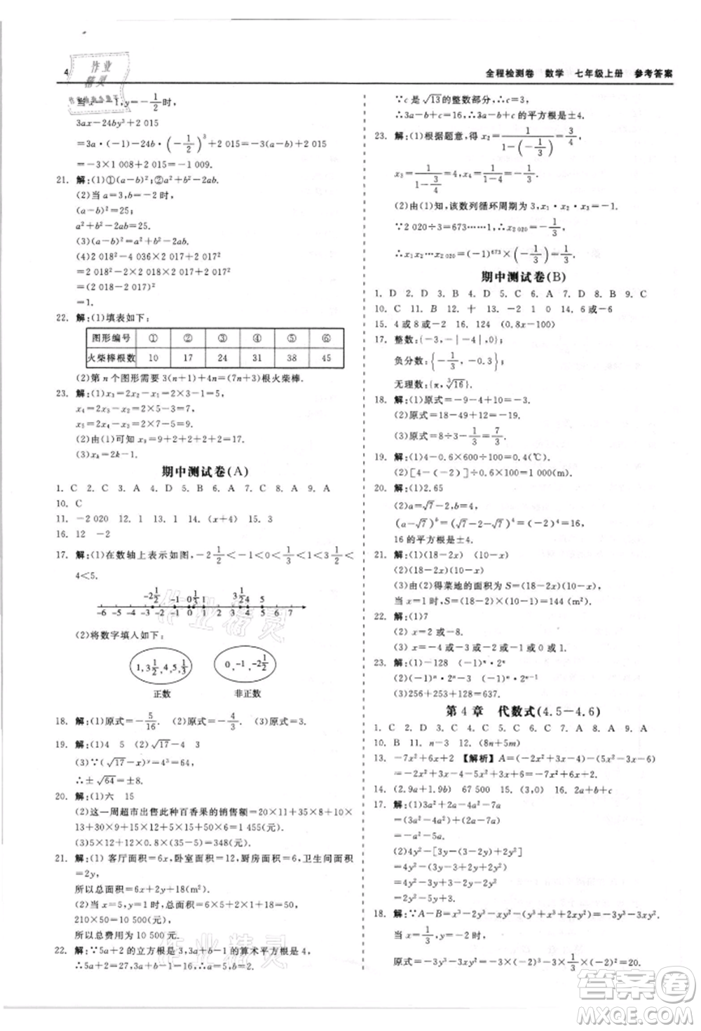 天津人民出版社2021全程檢測(cè)卷七年級(jí)上冊(cè)數(shù)學(xué)浙教版參考答案