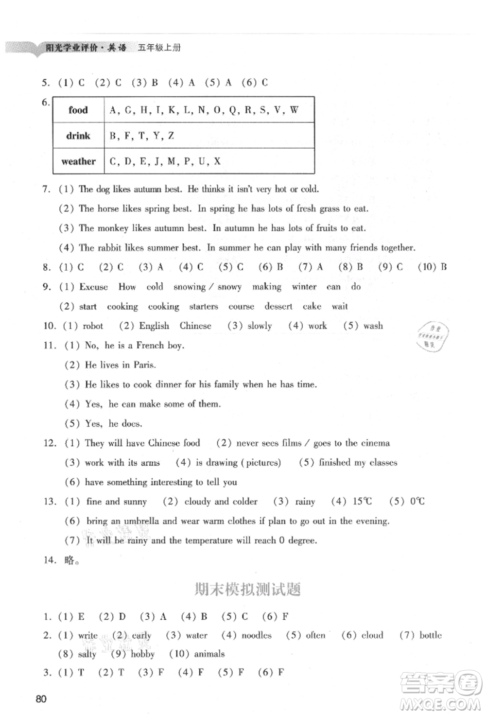廣州出版社2021陽光學(xué)業(yè)評價五年級上冊英語教科版參考答案