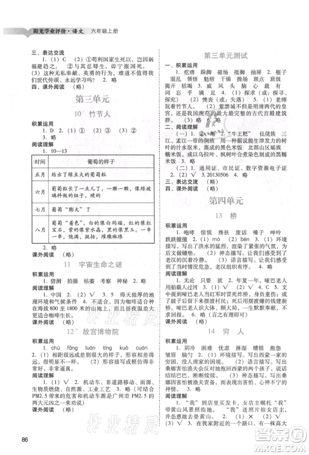 廣州出版社2021陽光學(xué)業(yè)評價六年級上冊語文人教版參考答案