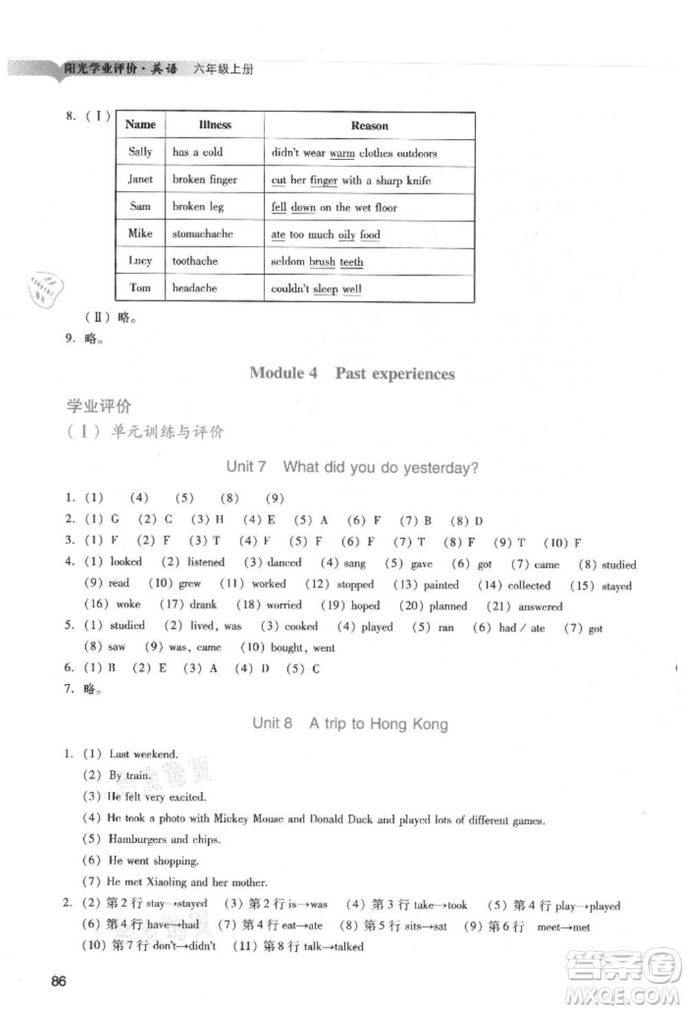 廣州出版社2021陽光學業(yè)評價六年級上冊英語教科版參考答案