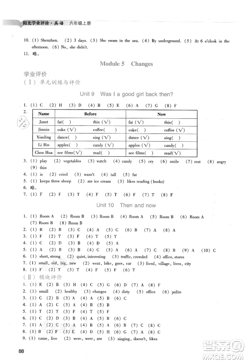 廣州出版社2021陽光學業(yè)評價六年級上冊英語教科版參考答案
