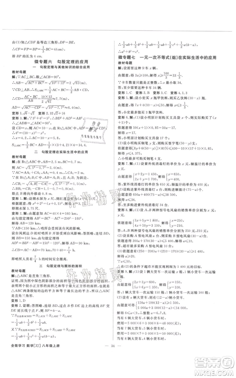 光明日報出版社2021全效學(xué)習(xí)課時提優(yōu)八年級上冊數(shù)學(xué)浙教版精華版參考答案