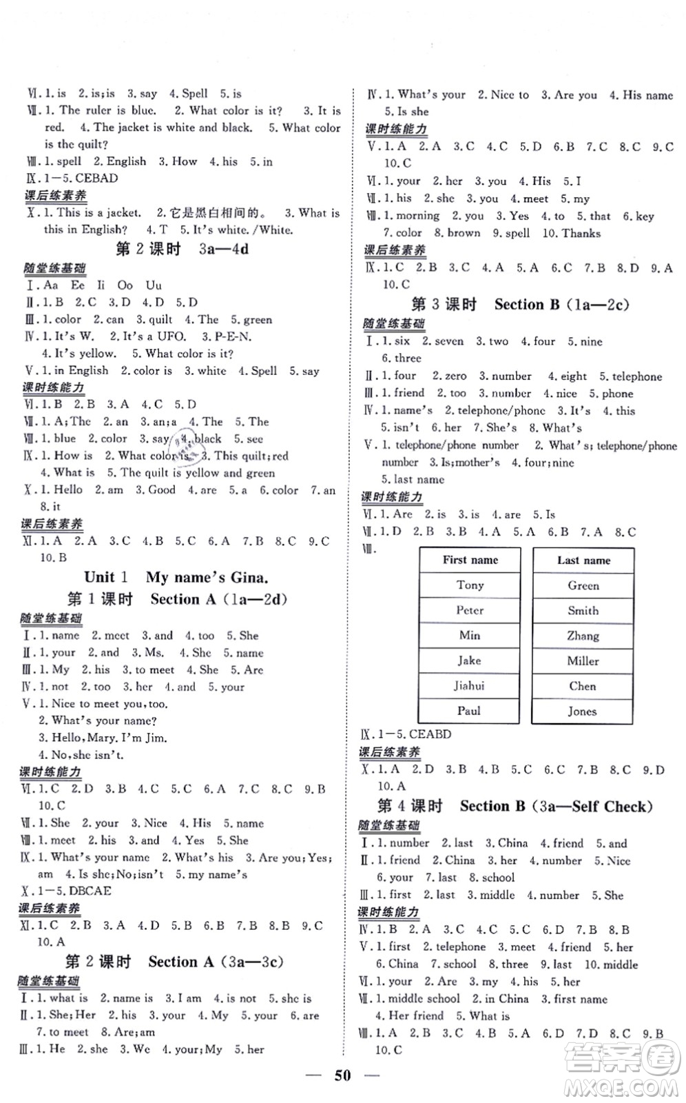 青海人民出版社2021新坐標(biāo)同步練習(xí)七年級(jí)英語(yǔ)上冊(cè)人教版青海專(zhuān)用答案