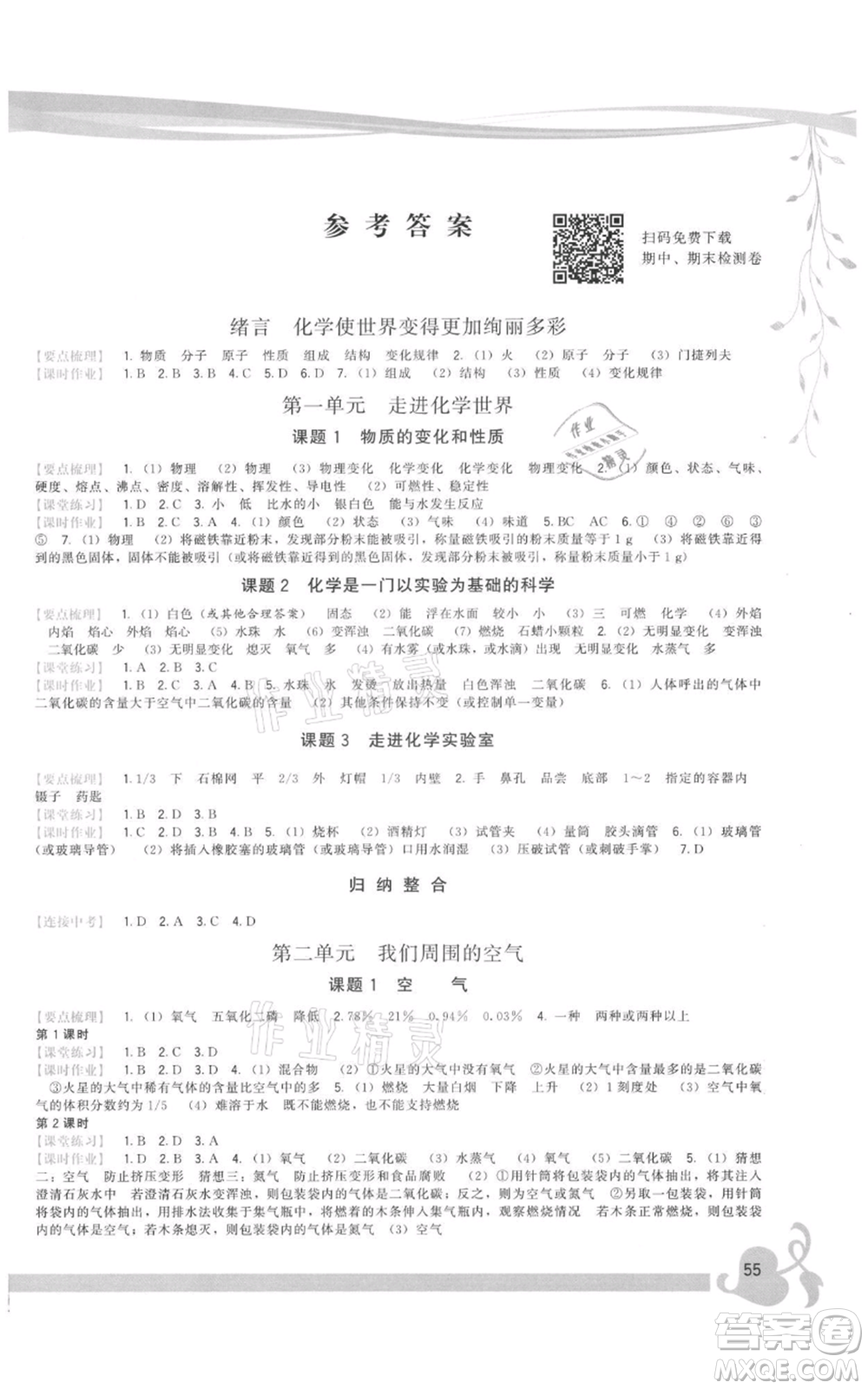 福建人民出版社2021頂尖課課練九年級上冊化學(xué)人教版參考答案