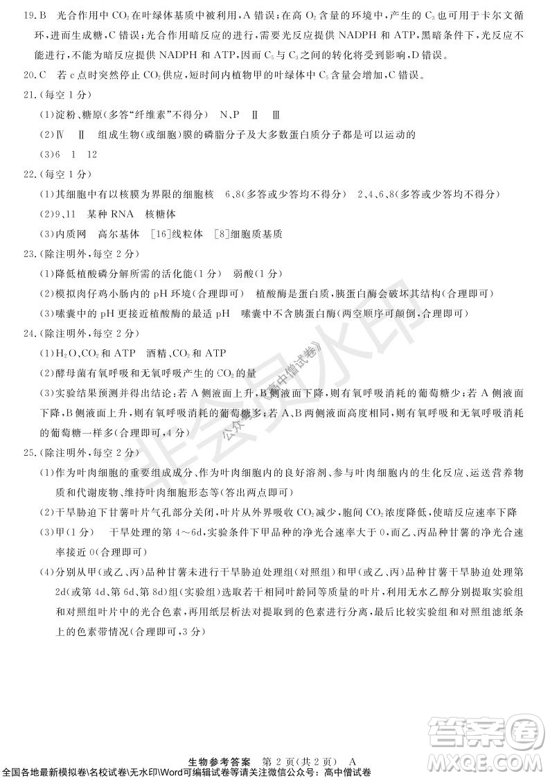 河南省名校聯(lián)盟2021-2022學年高三上學期10月聯(lián)考生物試題及答案