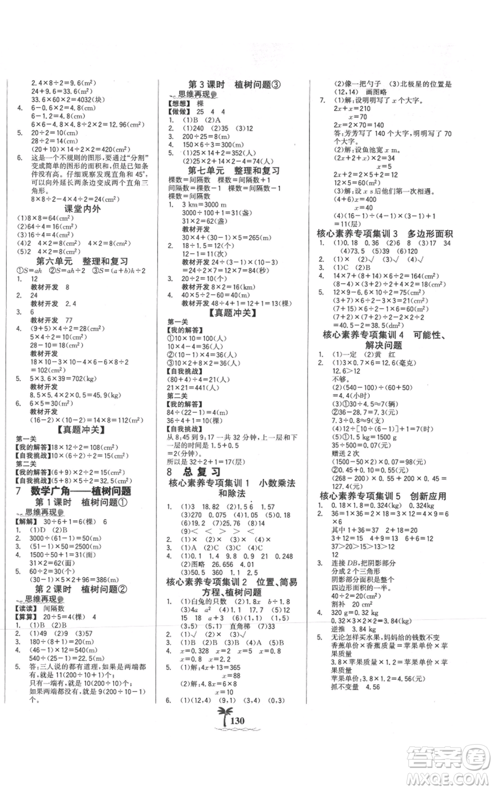 延邊大學出版社2021世紀金榜金榜小博士課時提優(yōu)作業(yè)五年級上冊數學人教版參考答案