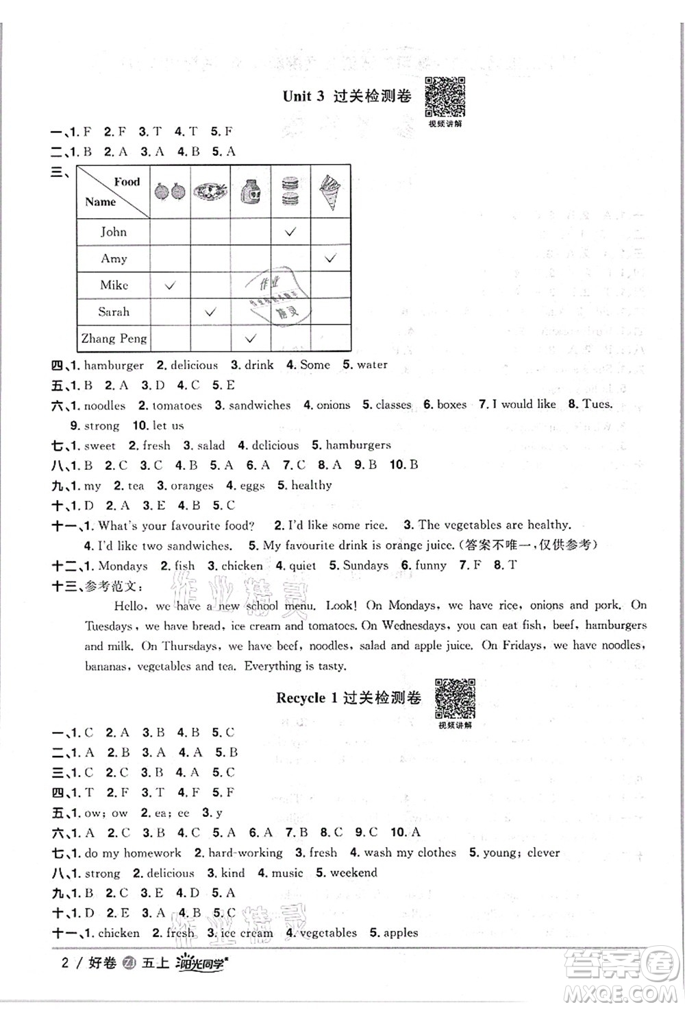 浙江教育出版社2021陽光同學(xué)全優(yōu)達(dá)標(biāo)好卷五年級英語上冊REP版浙江專版答案