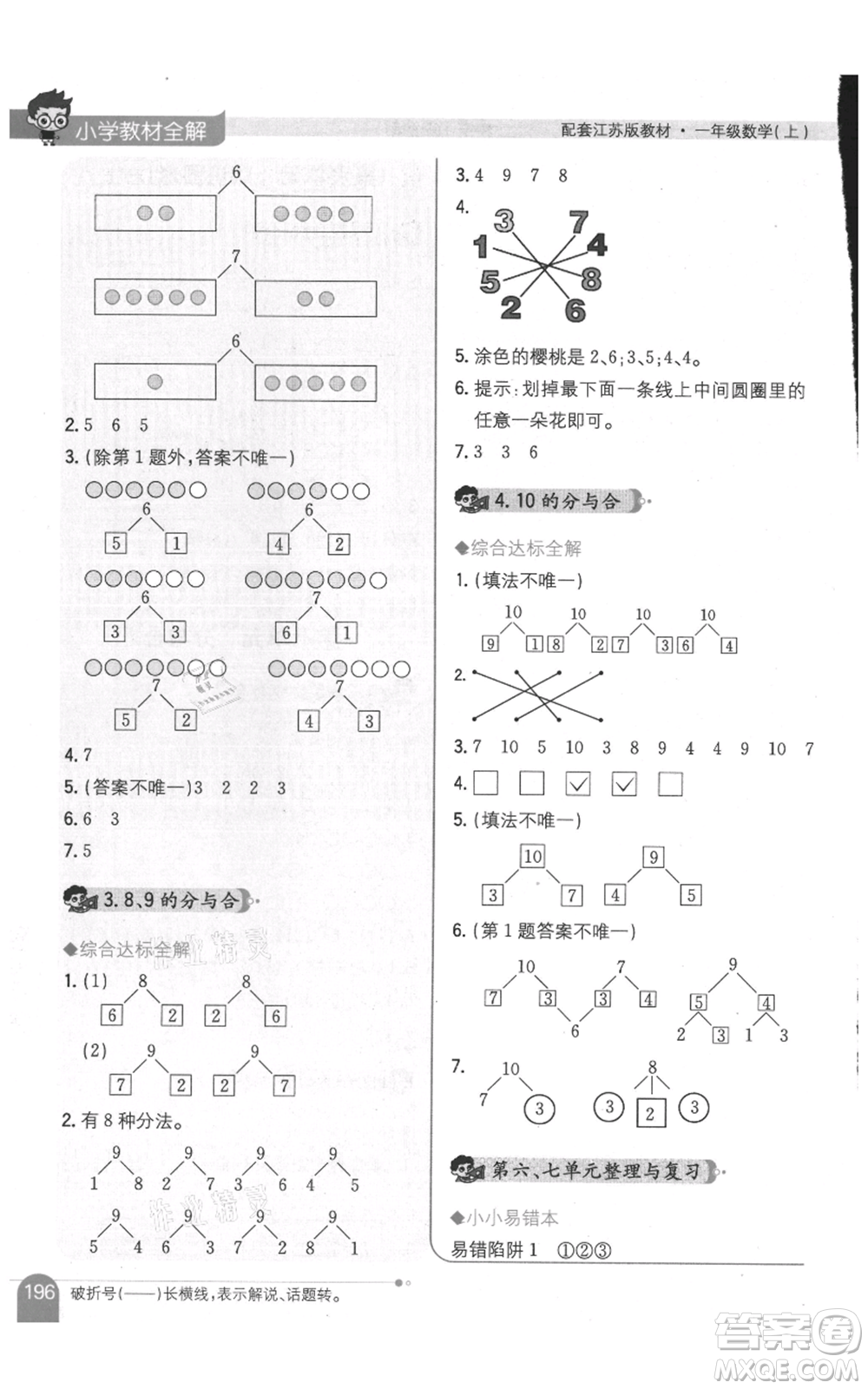 陜西人民教育出版社2021小學(xué)教材全解一年級上冊數(shù)學(xué)江蘇版參考答案