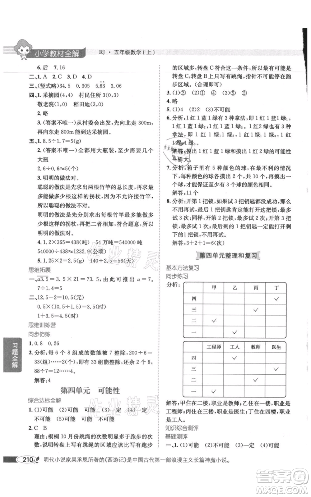 陜西人民教育出版社2021小學(xué)教材全解五年級(jí)上冊(cè)數(shù)學(xué)人教版參考答案