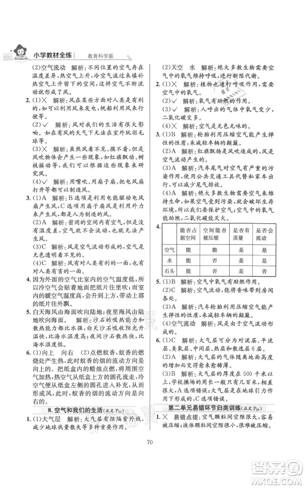 陜西人民教育出版社2021小學(xué)教材全練三年級上冊科學(xué)教育科學(xué)版參考答案