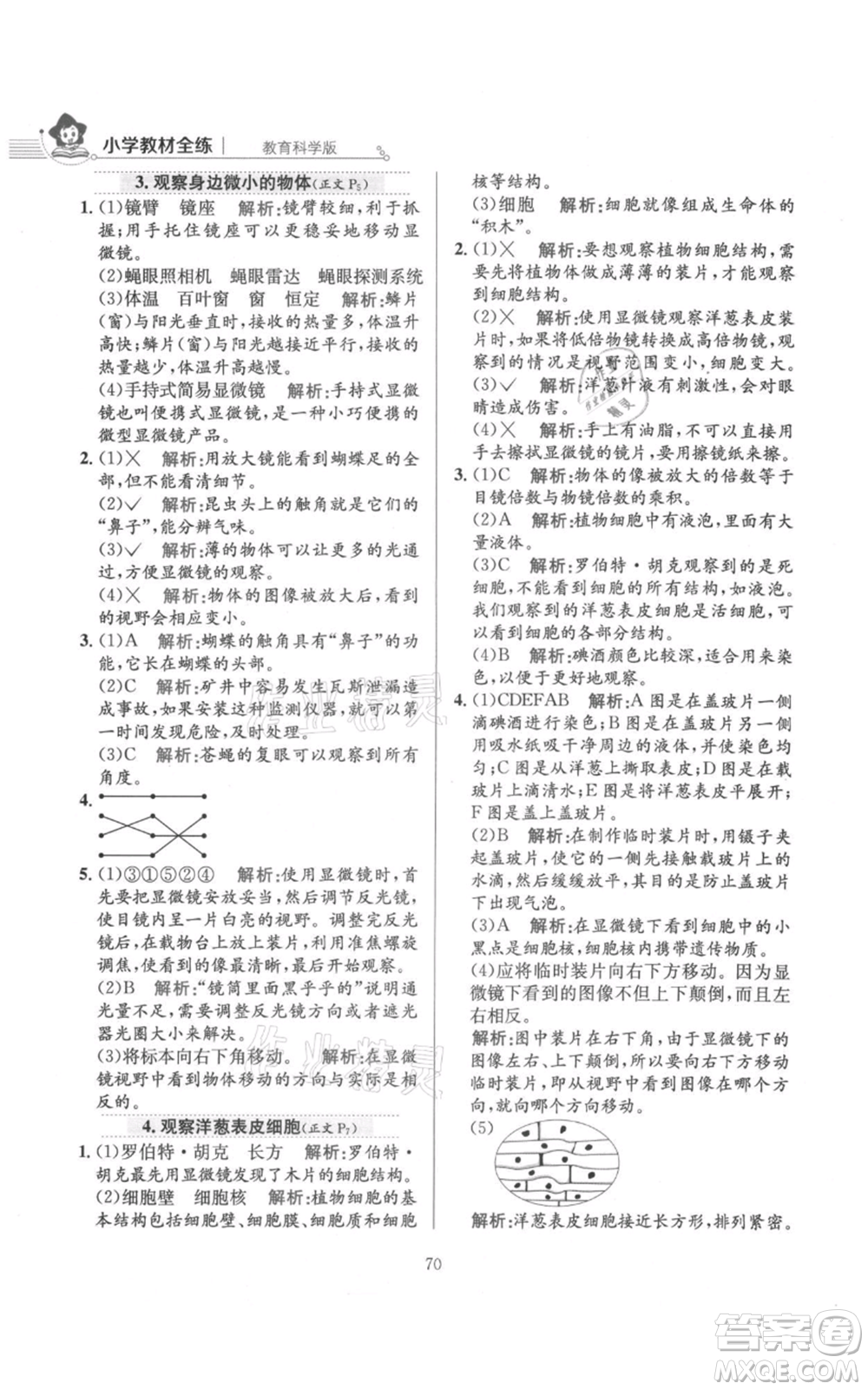 陜西人民教育出版社2021小學(xué)教材全練六年級上冊科學(xué)教育科學(xué)版參考答案