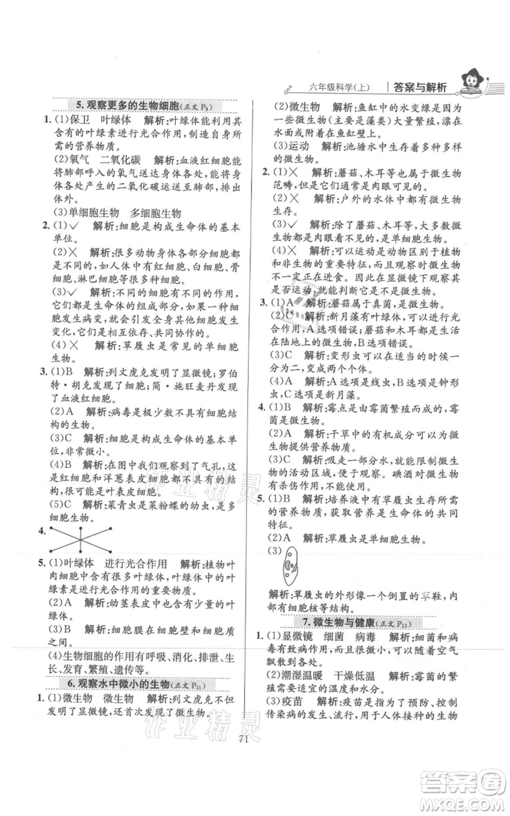 陜西人民教育出版社2021小學(xué)教材全練六年級上冊科學(xué)教育科學(xué)版參考答案