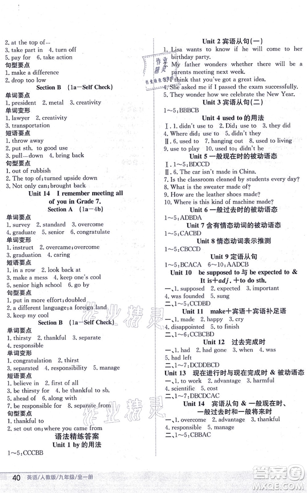 安徽教育出版社2021新編基礎(chǔ)訓(xùn)練九年級英語全一冊人教版答案
