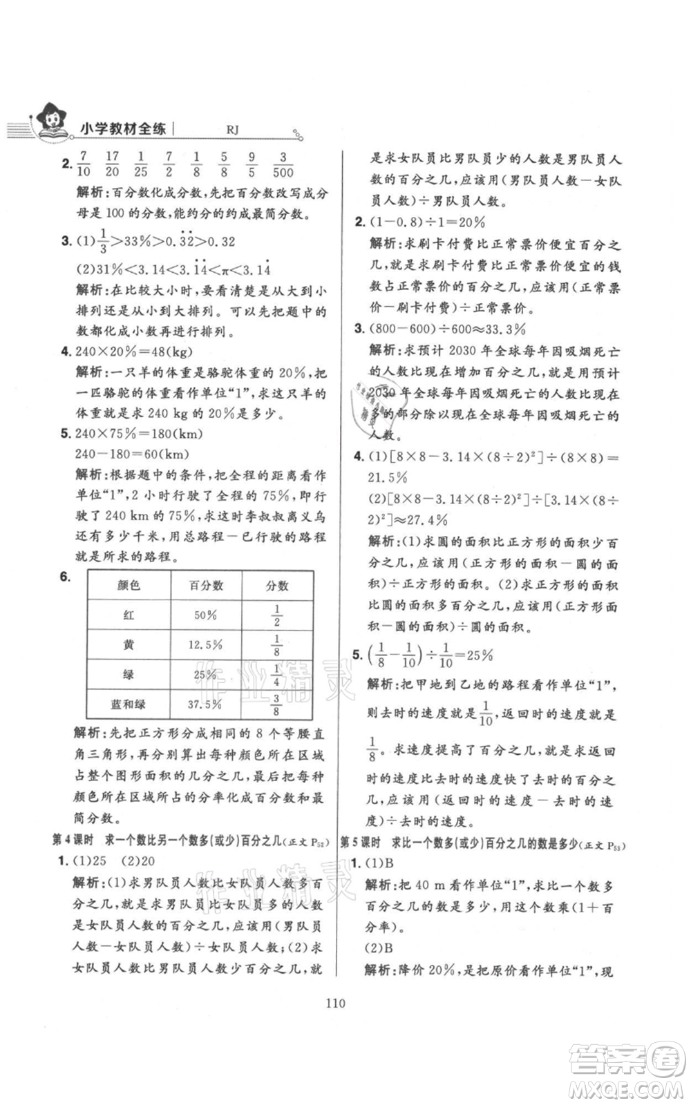 陜西人民教育出版社2021小學(xué)教材全練六年級(jí)上冊(cè)數(shù)學(xué)人教版參考答案