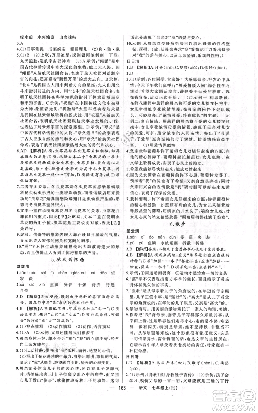 新疆青少年出版社2021四清導(dǎo)航七年級上冊語文人教版河南專版參考答案