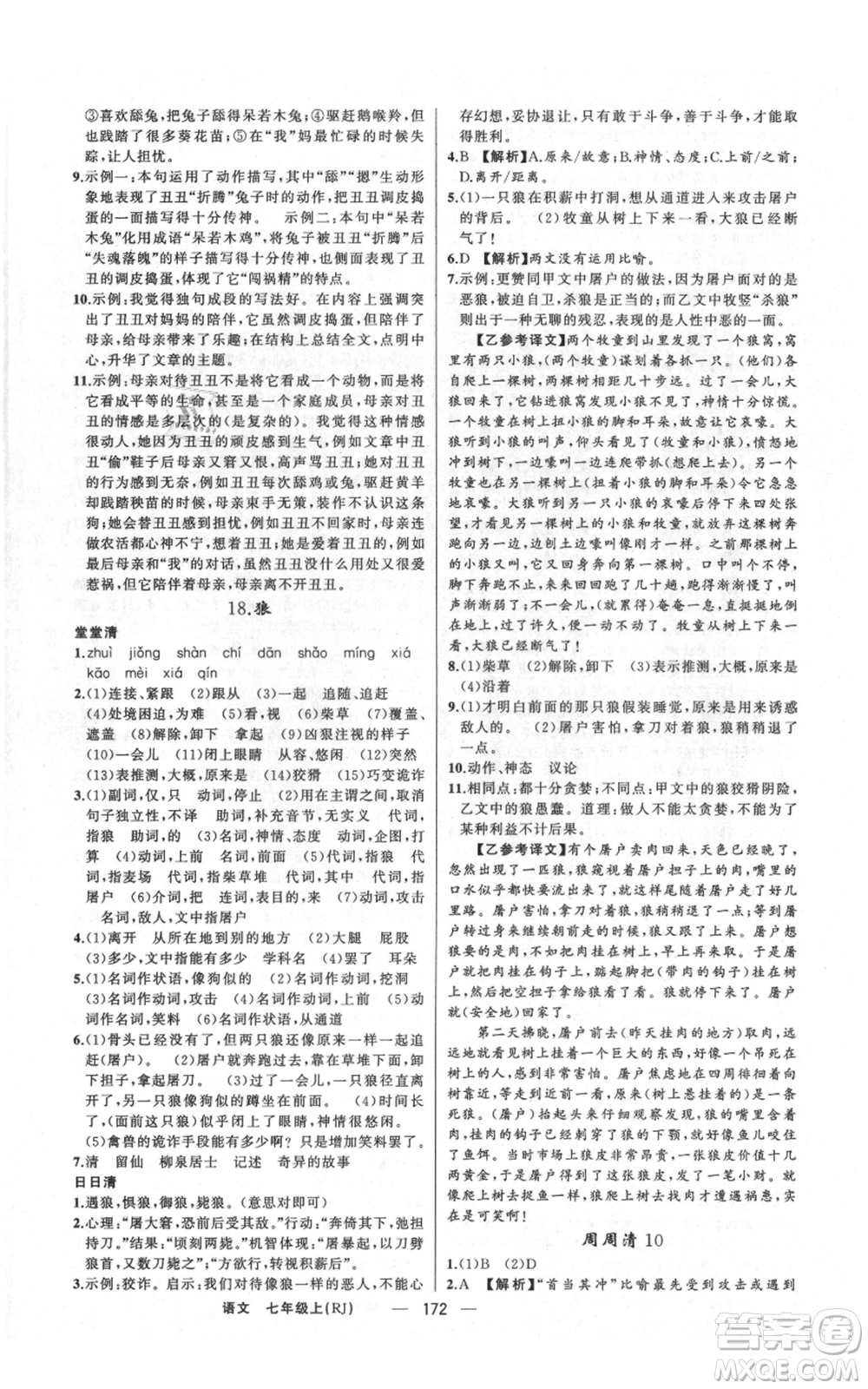 新疆青少年出版社2021四清導(dǎo)航七年級上冊語文人教版河南專版參考答案